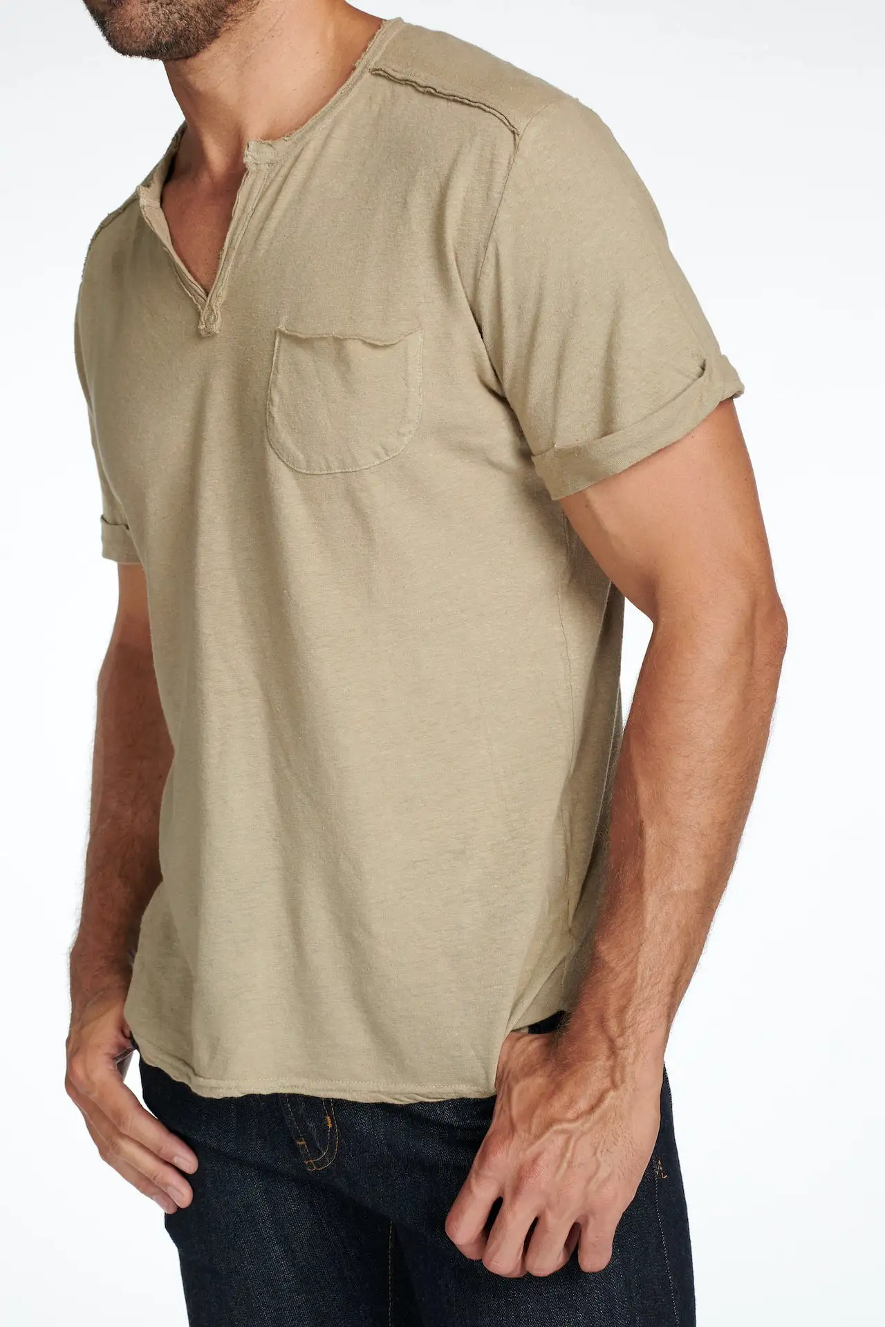 Men's Linen Blend Raw Edge Split V-Neck Tee