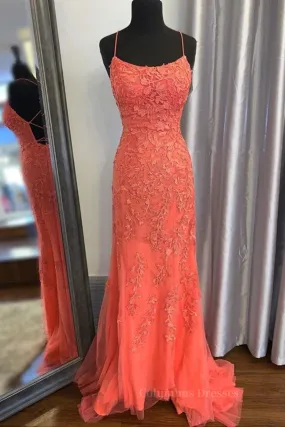 Mermaid Backless Orange Lace Long Prom Dress, Mermaid Orange Lace Formal Dress, Orange Lace Evening Dress