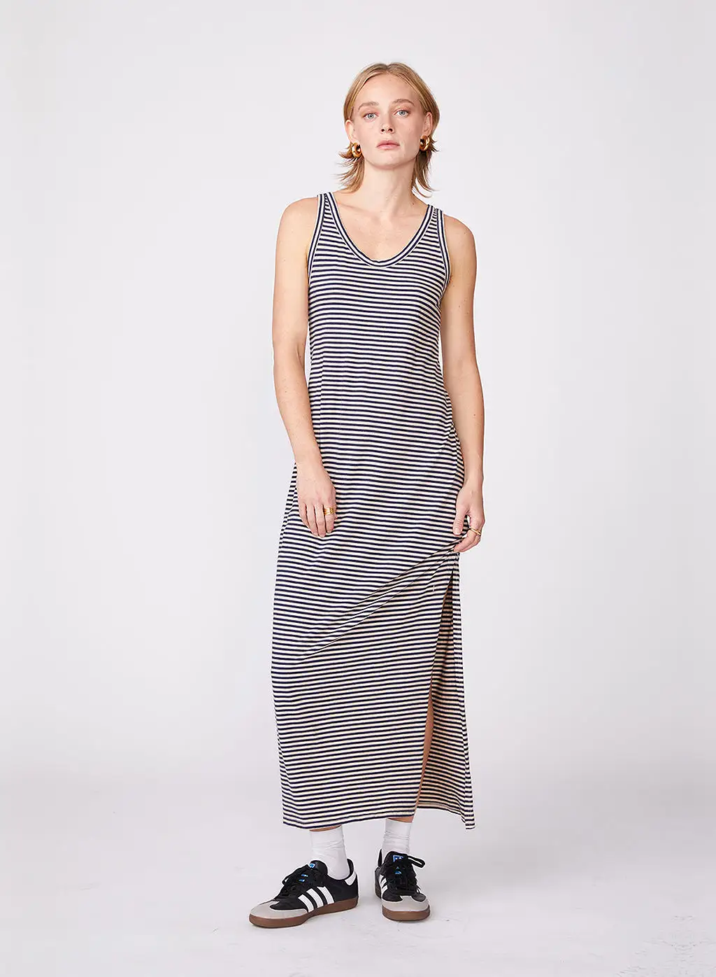 Mini Navy Stripe Jersey Tank Dress with Side Slit in Wheat