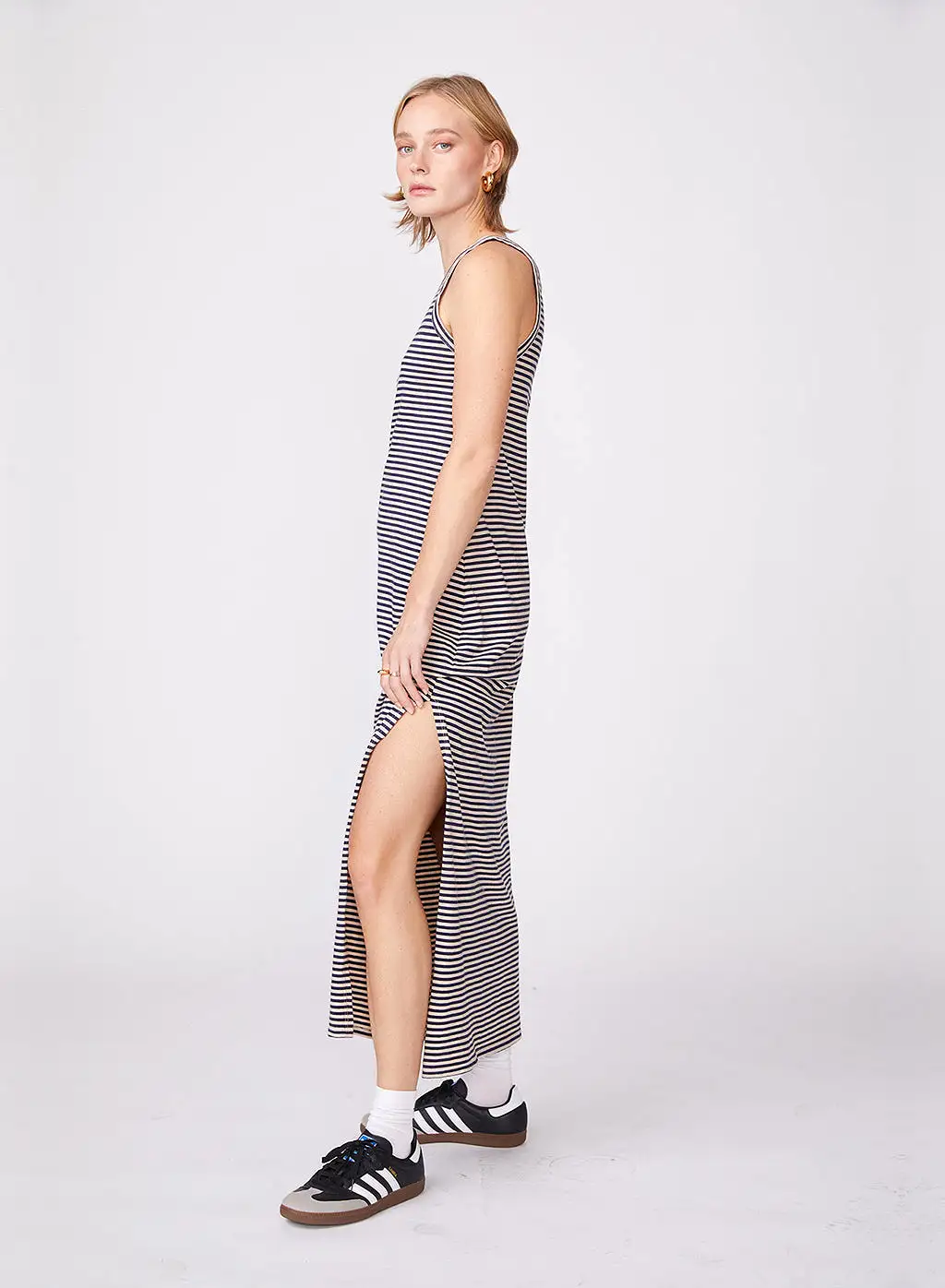 Mini Navy Stripe Jersey Tank Dress with Side Slit in Wheat