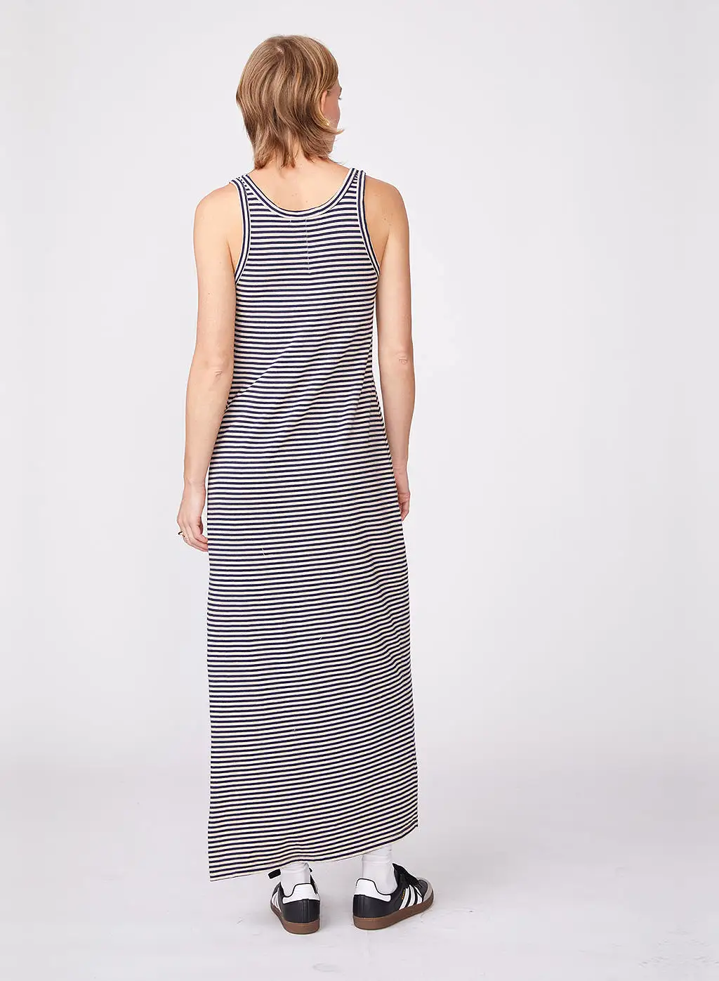 Mini Navy Stripe Jersey Tank Dress with Side Slit in Wheat