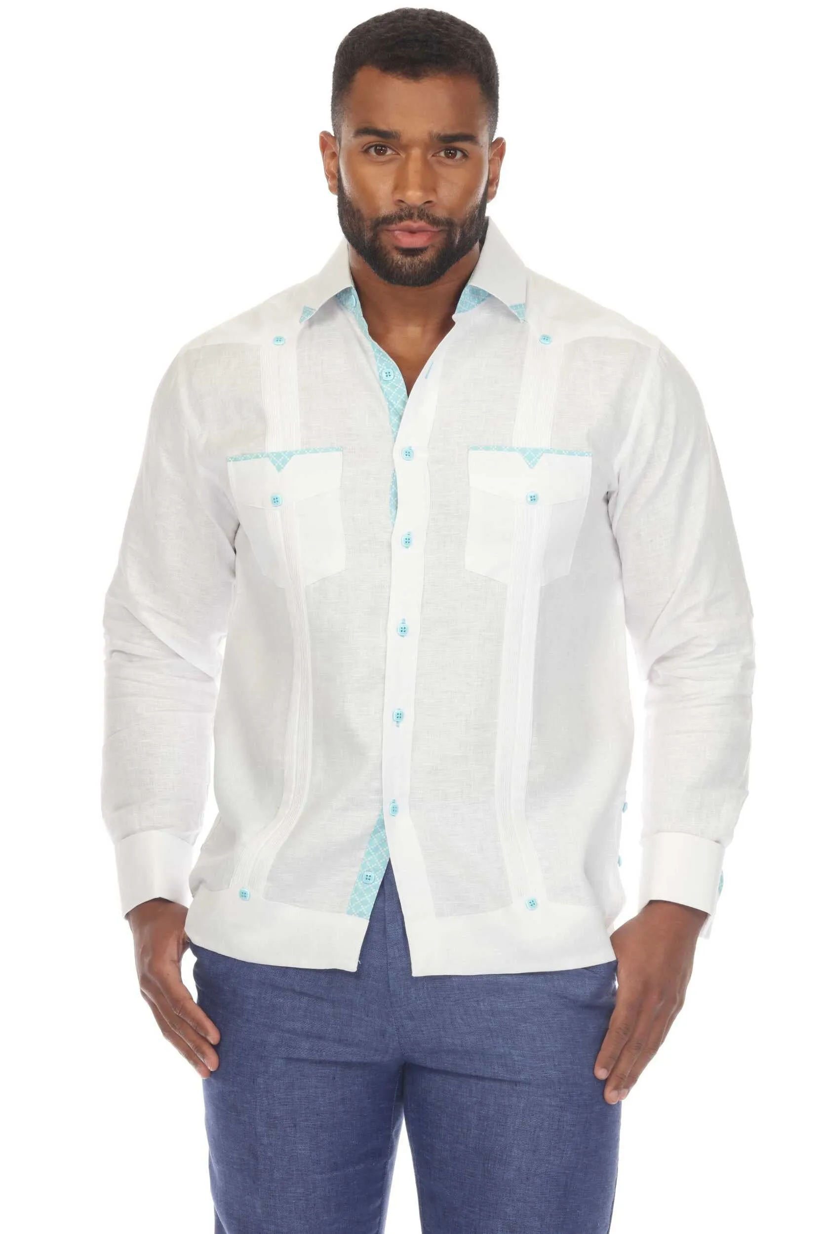 Mojito Men's 100% Linen Guayabera Chacabana Shirt Long Sleeve with Print Trim Accent Size XXL