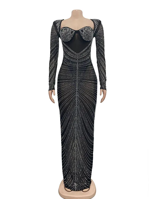 Momnfancy Black Mesh Rhinestone Backless Mermaid Evening Gown Elegant Maternity Club Photoshoot Maxi Dress