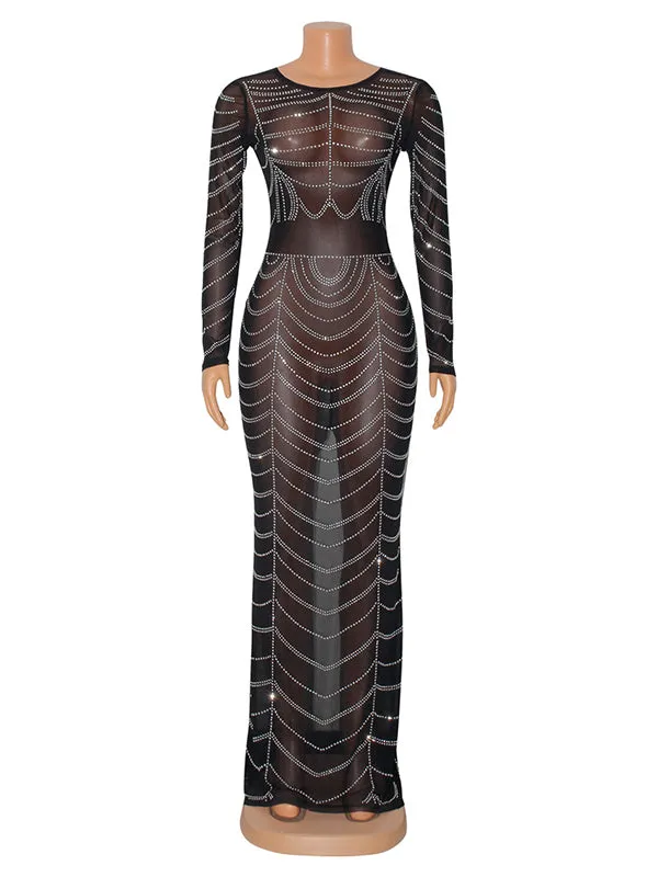 Momnfancy Black Rhinestone Sheer Back Slit Long Sleeve Evening Gown Bodycon Photoshoot Club Maternity Maxi Dress