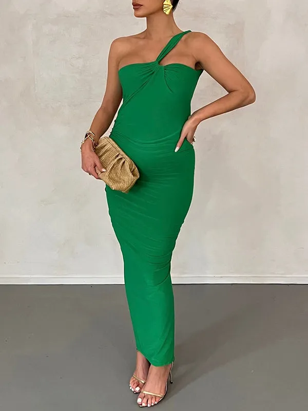 Momnfancy Irregular Backless Off-shoulder Bodycon Ruched Oblique Shoulder Elegant Evening Photoshoot BabyShower Maternity Maxi D