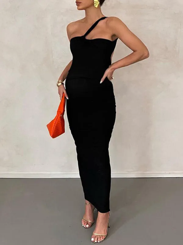 Momnfancy Irregular Backless Off-shoulder Bodycon Ruched Oblique Shoulder Elegant Evening Photoshoot BabyShower Maternity Maxi D