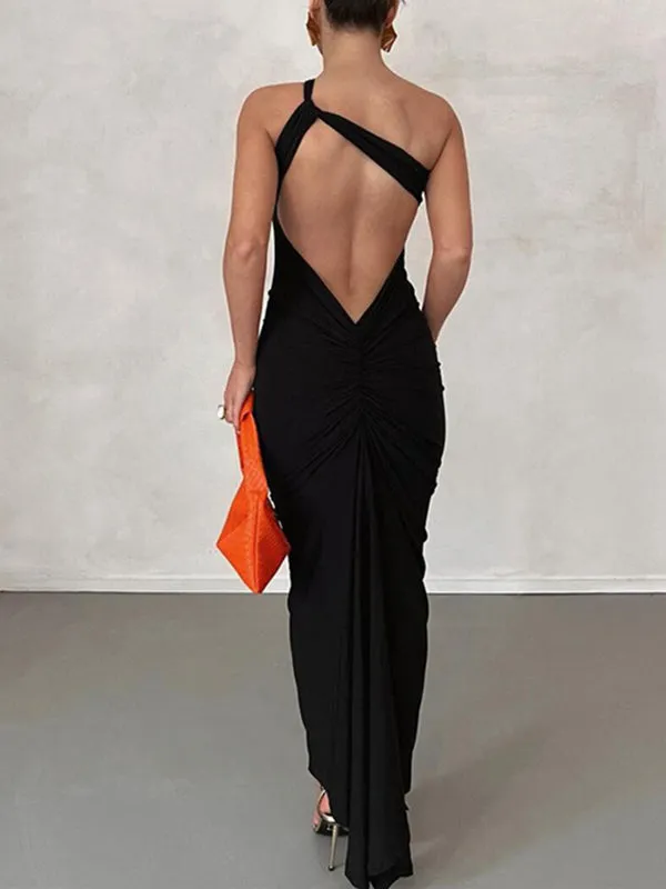 Momnfancy Irregular Backless Off-shoulder Bodycon Ruched Oblique Shoulder Elegant Evening Photoshoot BabyShower Maternity Maxi D