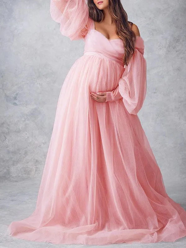 Momnfancy Off Shoulder Puff Sleeve Tulle Tutu Babyshower Evening Maternity Maxi Dress