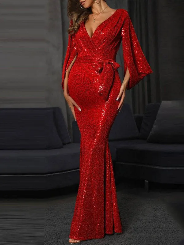 Momnfancy Sequin Belt Print V-Neck Long Sleeve Banquet Evening Maternity Glitter Maxi dress