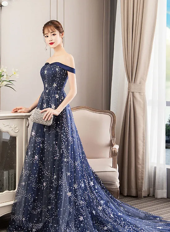 Navy Blue Charming Off Shoulder Long Formal Dress , Blue Lace A-line Wedding Party Dress