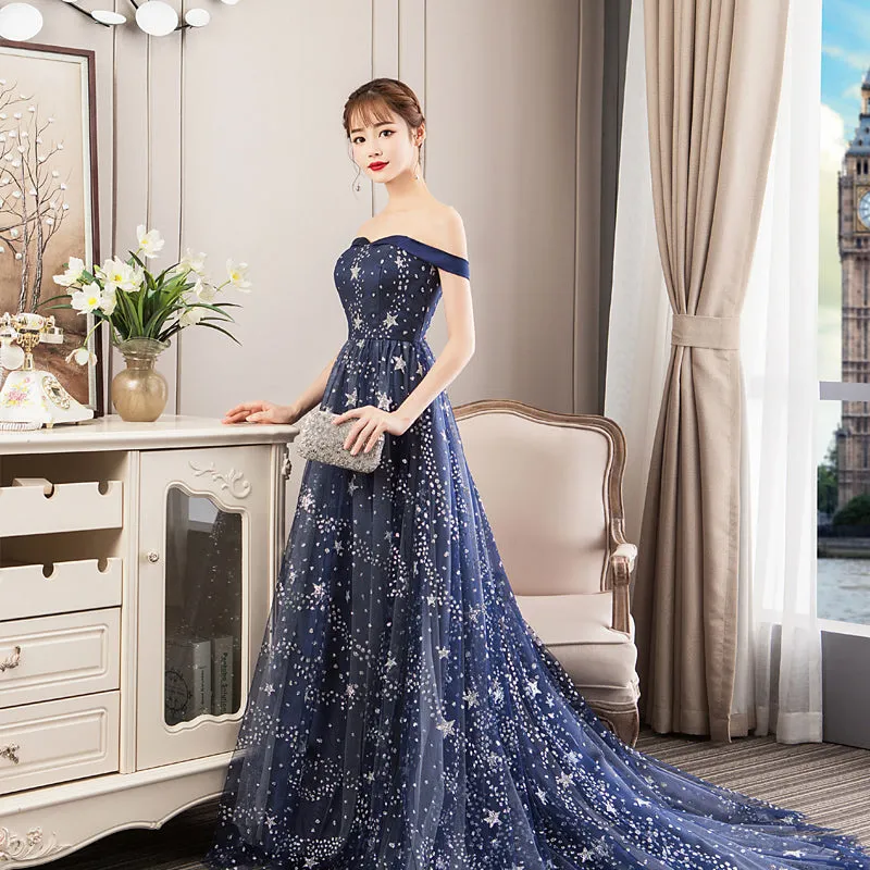 Navy Blue Charming Off Shoulder Long Formal Dress , Blue Lace A-line Wedding Party Dress