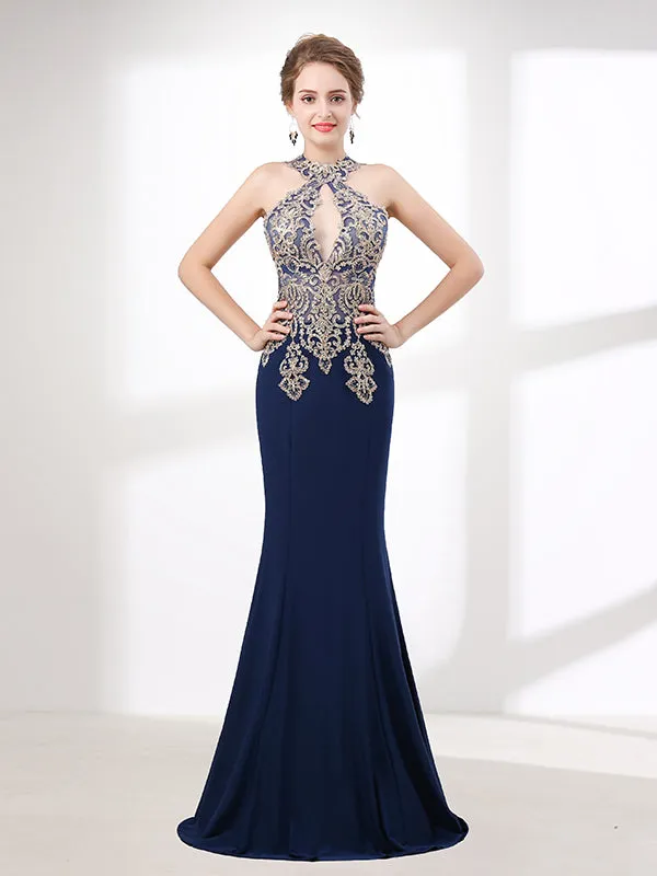 Navy Blue Halter Lace Formal Evening Dress