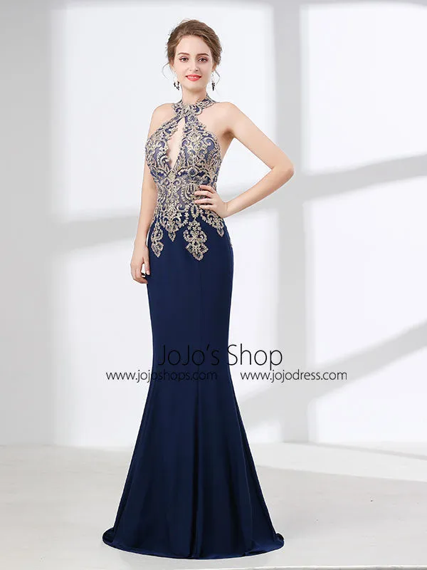 Navy Blue Halter Lace Formal Evening Dress