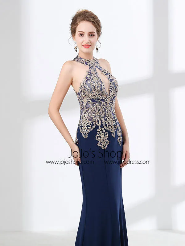 Navy Blue Halter Lace Formal Evening Dress