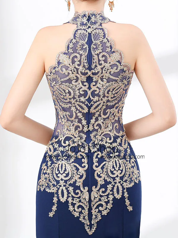 Navy Blue Halter Lace Formal Evening Dress