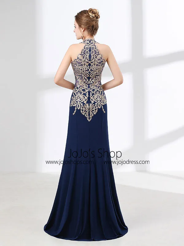 Navy Blue Halter Lace Formal Evening Dress