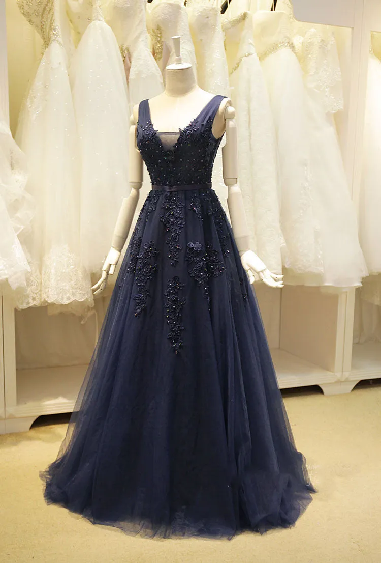 Navy Blue Long Tulle Formal Evening Dress