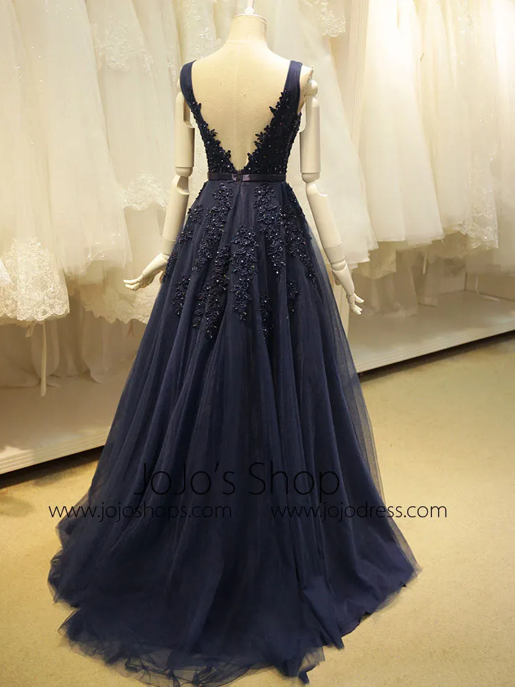 Navy Blue Long Tulle Formal Evening Dress