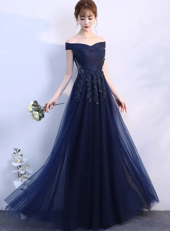 Navy Blue Off  Shoulder Tulle A-line Long Evening Dress, Simple Prom Dress Party Dress