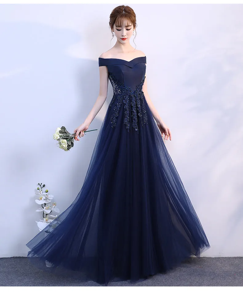 Navy Blue Off  Shoulder Tulle A-line Long Evening Dress, Simple Prom Dress Party Dress