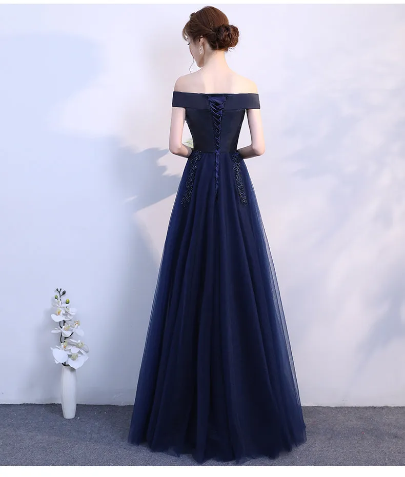 Navy Blue Off  Shoulder Tulle A-line Long Evening Dress, Simple Prom Dress Party Dress