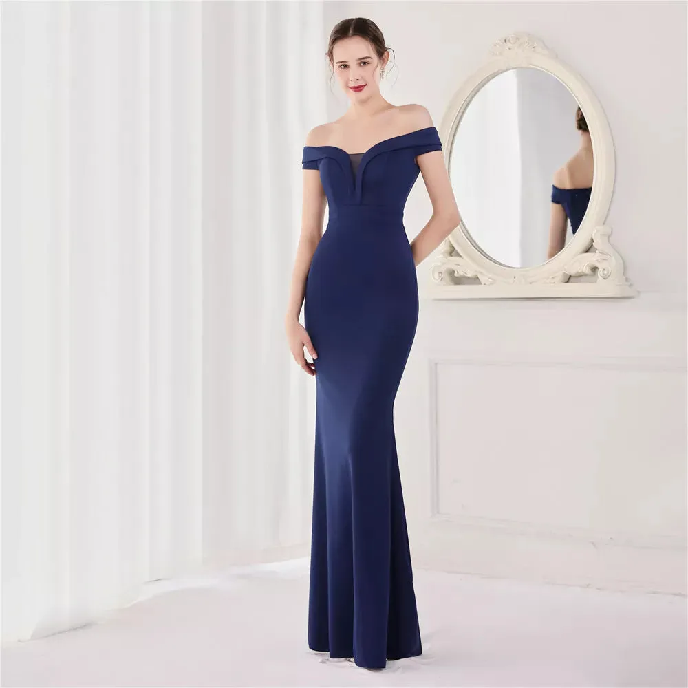 Navy Blue Soft Satin Long Evening Elegant Off Shoulder Formal Party Prom Dress