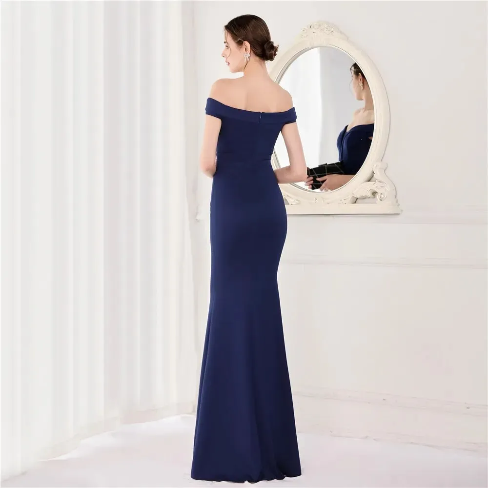 Navy Blue Soft Satin Long Evening Elegant Off Shoulder Formal Party Prom Dress