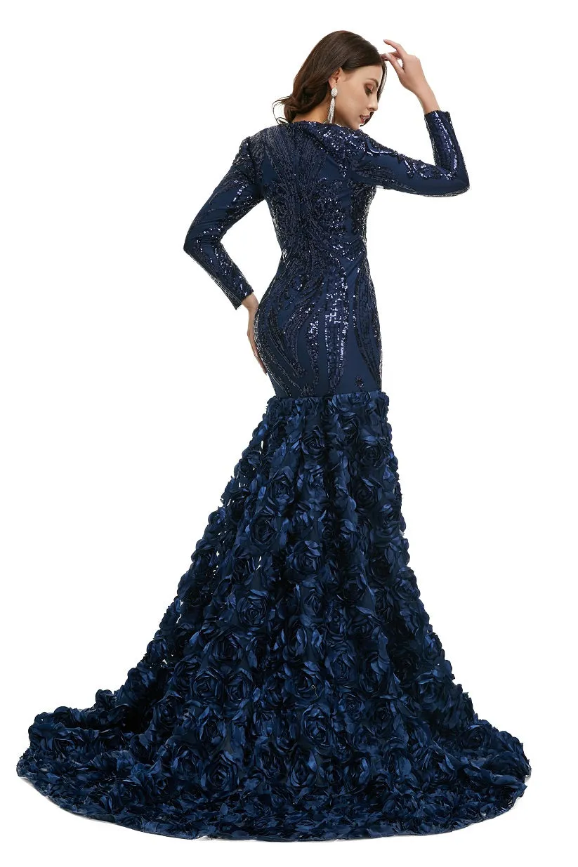 Navy Blue Sparkly Fitted Long Evening Dress with Rosette Skirt EN5006