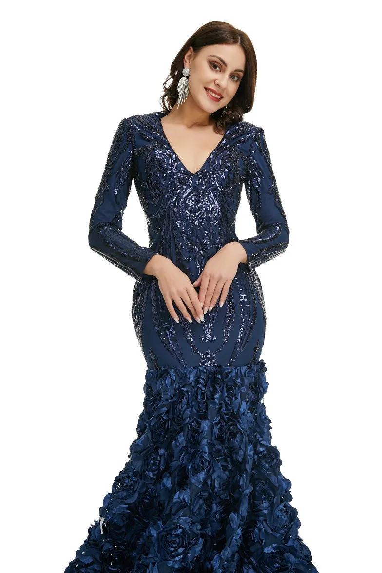 Navy Blue Sparkly Fitted Long Evening Dress with Rosette Skirt EN5006