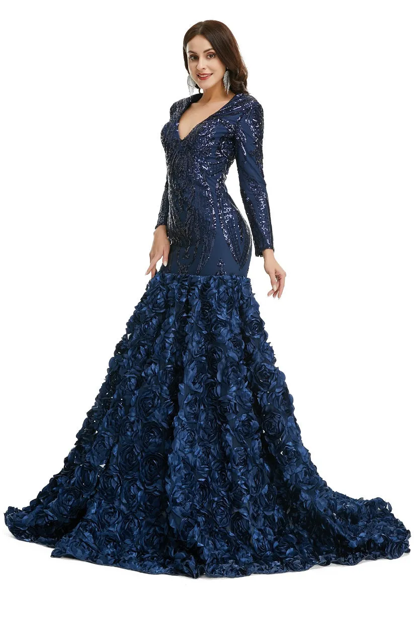 Navy Blue Sparkly Fitted Long Evening Dress with Rosette Skirt EN5006