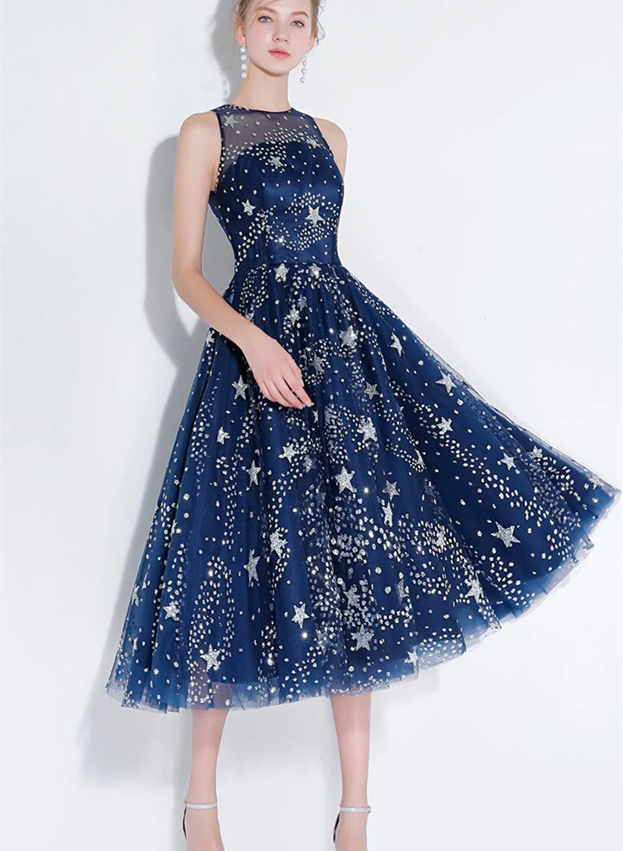 Navy Blue Tea Length Party Dress, Blue Prom Dress Bridesmaid Dress