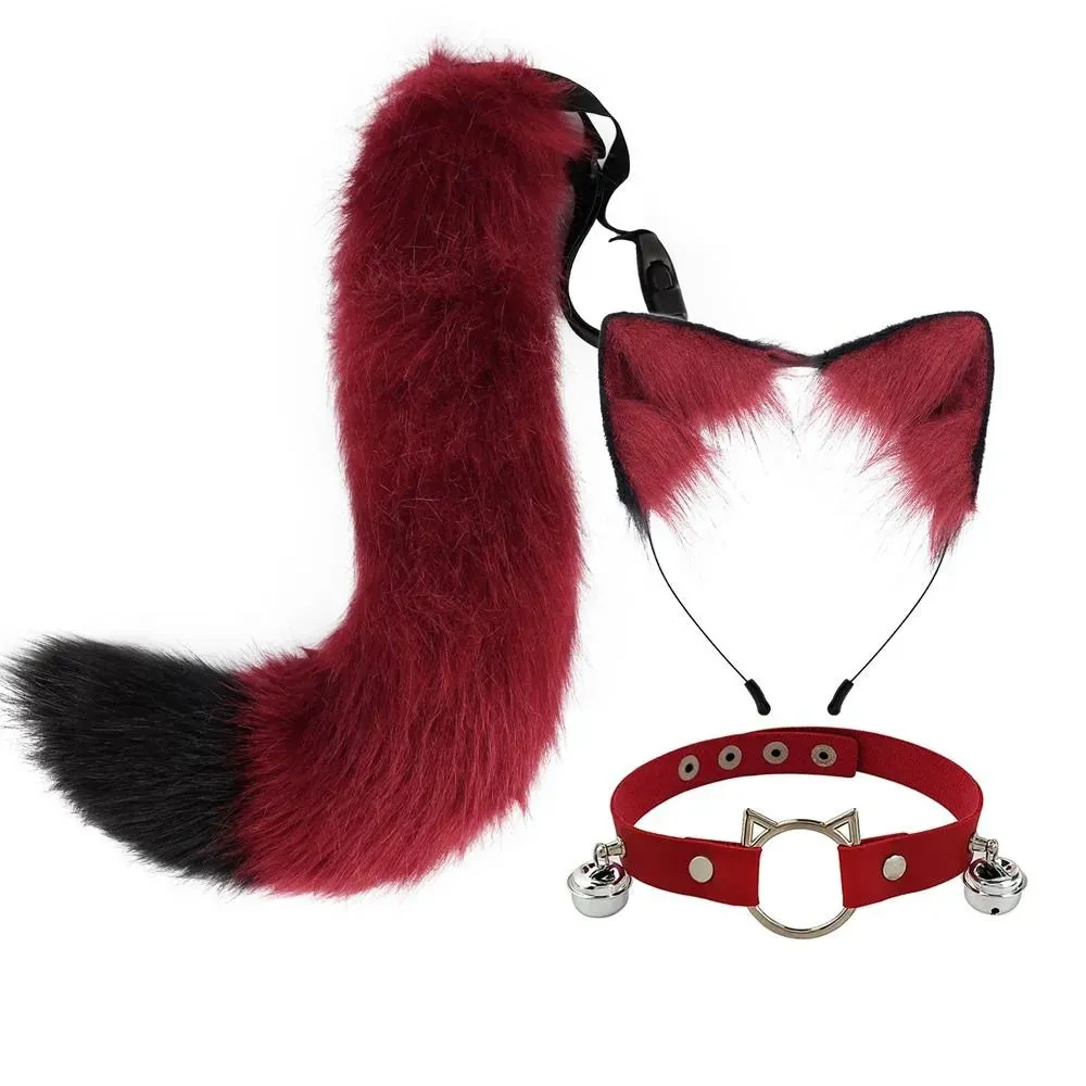 New Fluffy Animal Ears Headband Furry Ears Hair Hoop Necklace Tail Set Leather Choker for Halloween Masquerade Party Fancy Dress