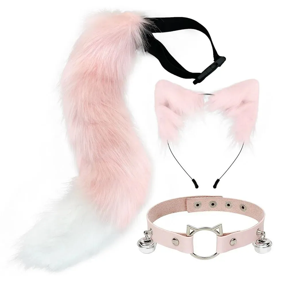 New Fluffy Animal Ears Headband Furry Ears Hair Hoop Necklace Tail Set Leather Choker for Halloween Masquerade Party Fancy Dress