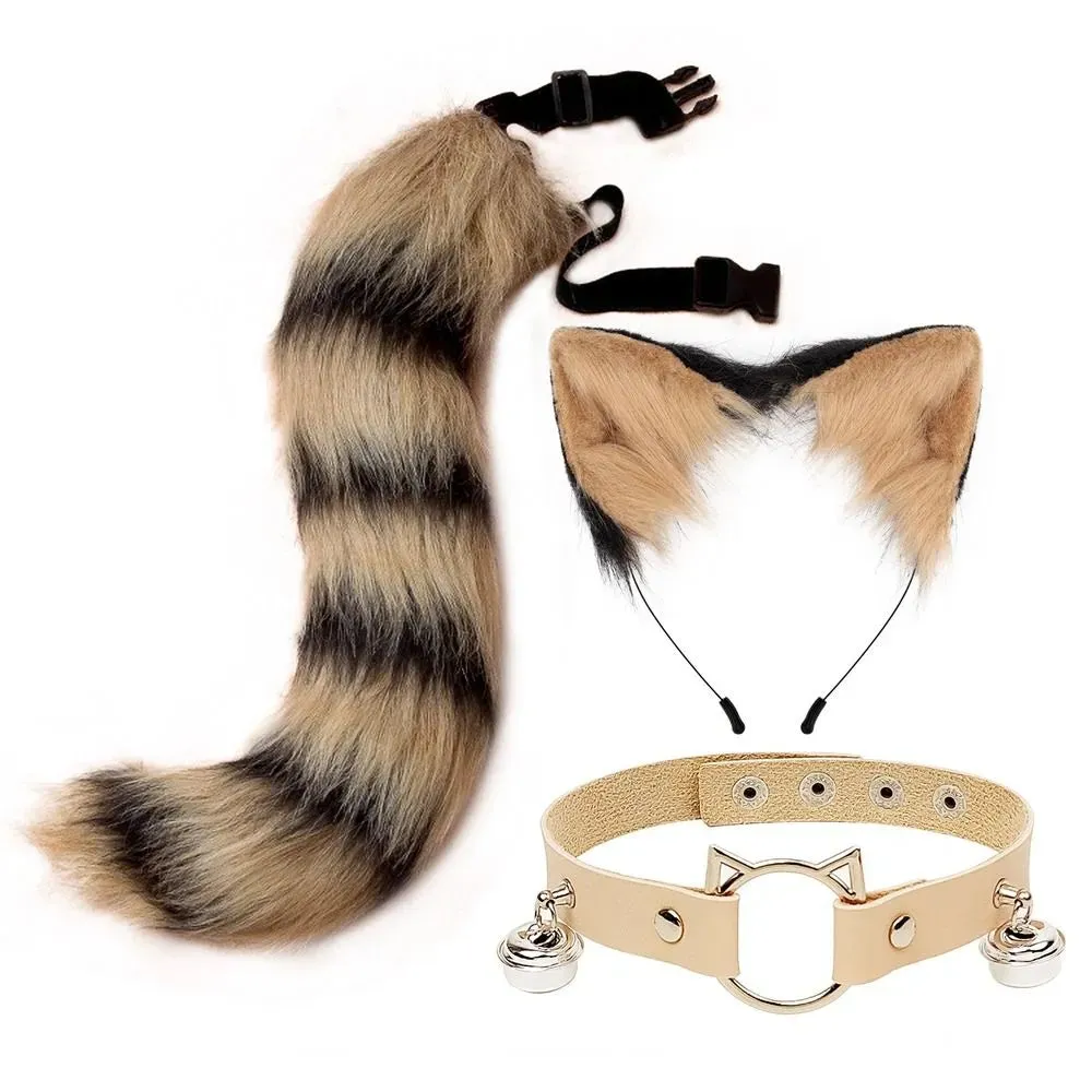 New Fluffy Animal Ears Headband Furry Ears Hair Hoop Necklace Tail Set Leather Choker for Halloween Masquerade Party Fancy Dress