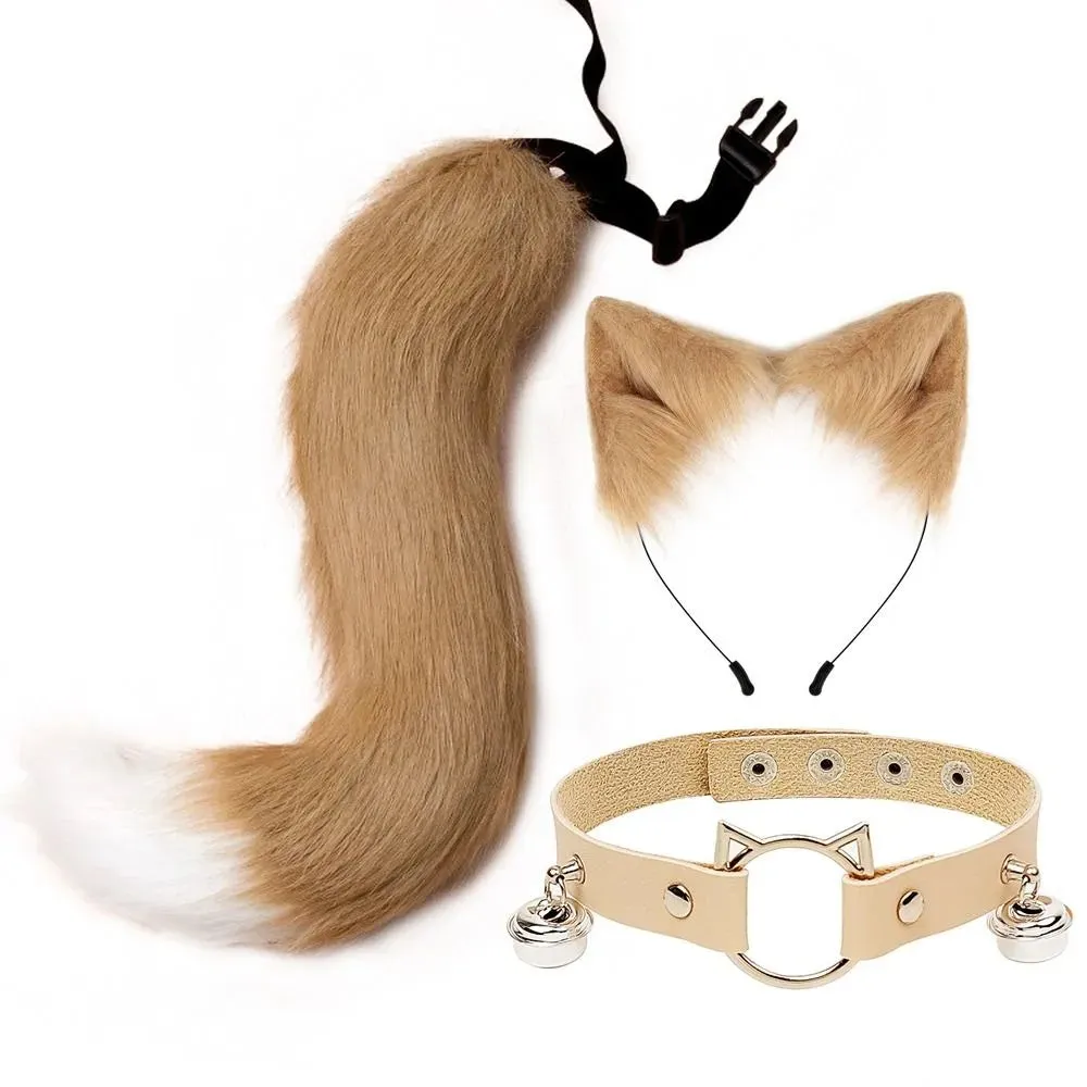 New Fluffy Animal Ears Headband Furry Ears Hair Hoop Necklace Tail Set Leather Choker for Halloween Masquerade Party Fancy Dress