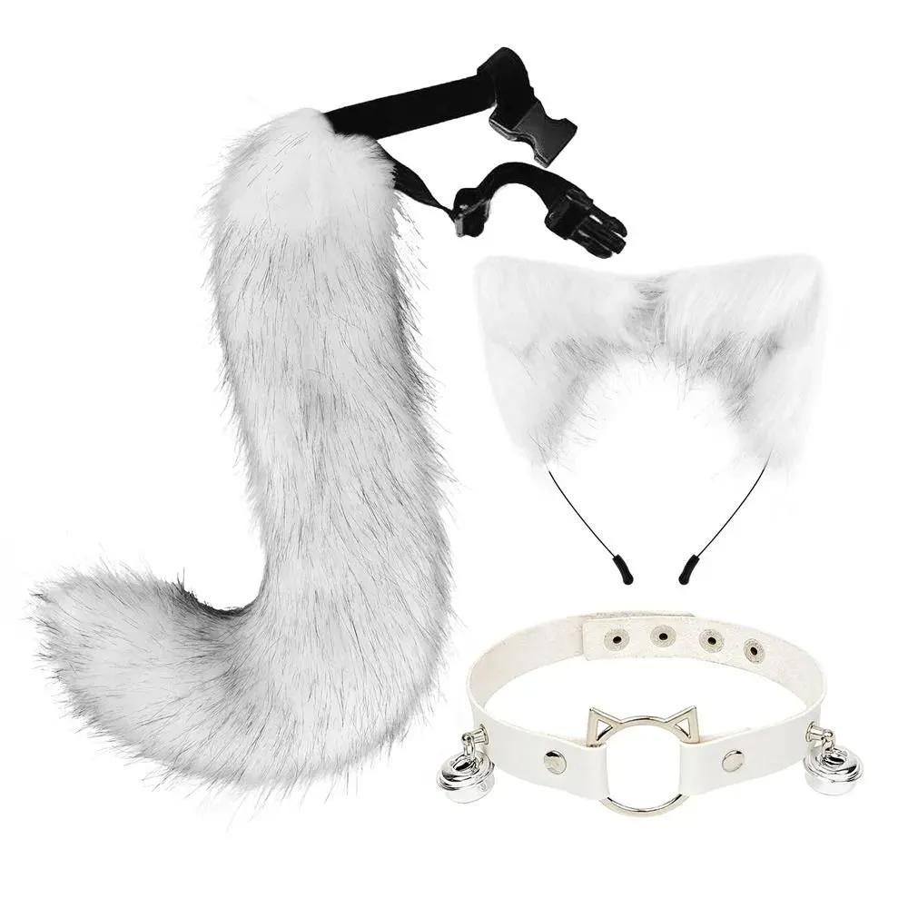 New Fluffy Animal Ears Headband Furry Ears Hair Hoop Necklace Tail Set Leather Choker for Halloween Masquerade Party Fancy Dress