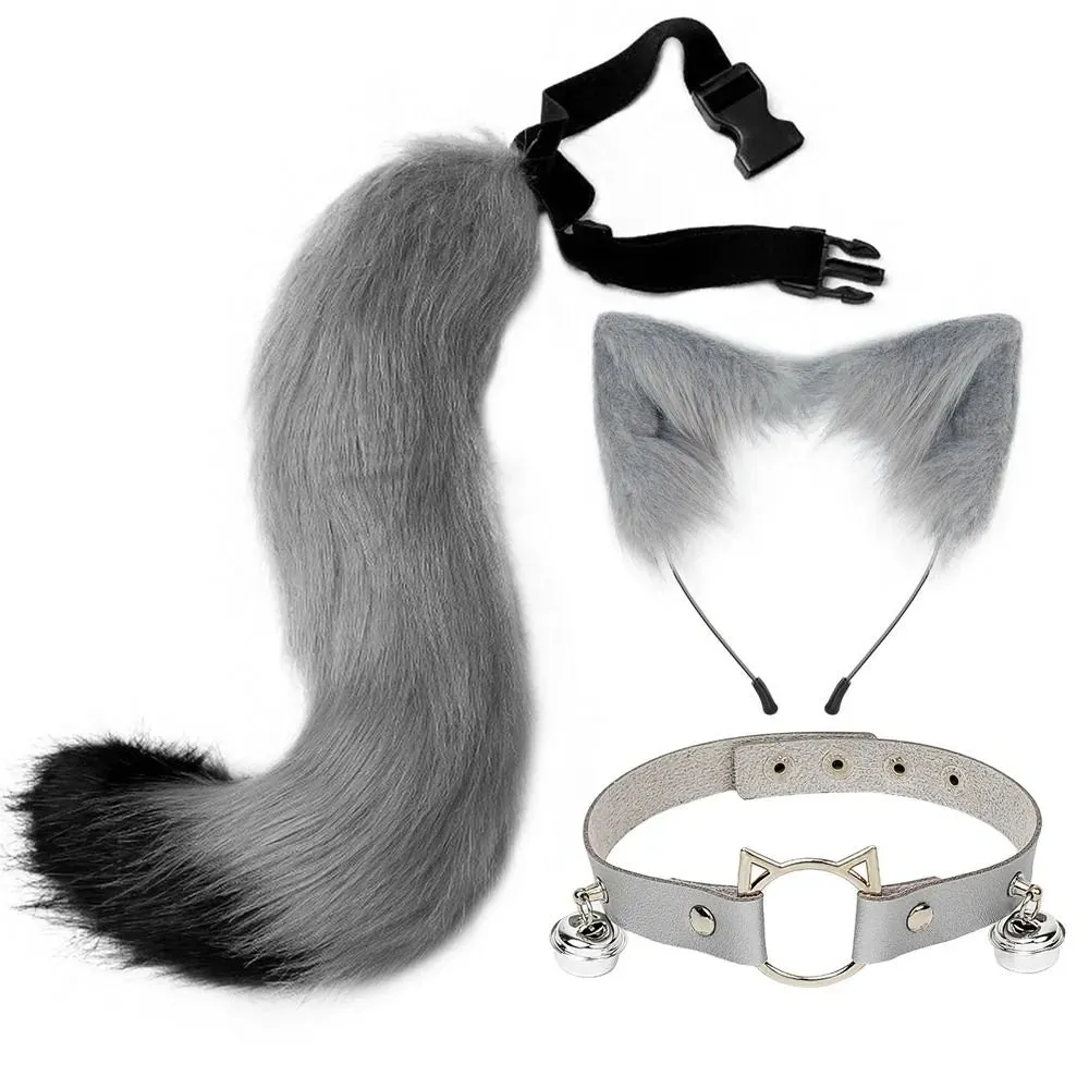 New Fluffy Animal Ears Headband Furry Ears Hair Hoop Necklace Tail Set Leather Choker for Halloween Masquerade Party Fancy Dress