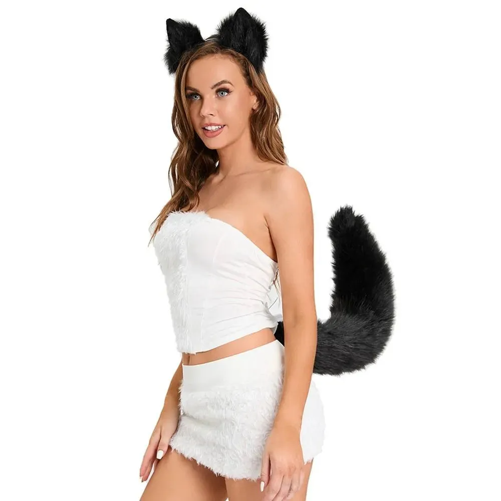 New Fluffy Animal Ears Headband Furry Ears Hair Hoop Necklace Tail Set Leather Choker for Halloween Masquerade Party Fancy Dress