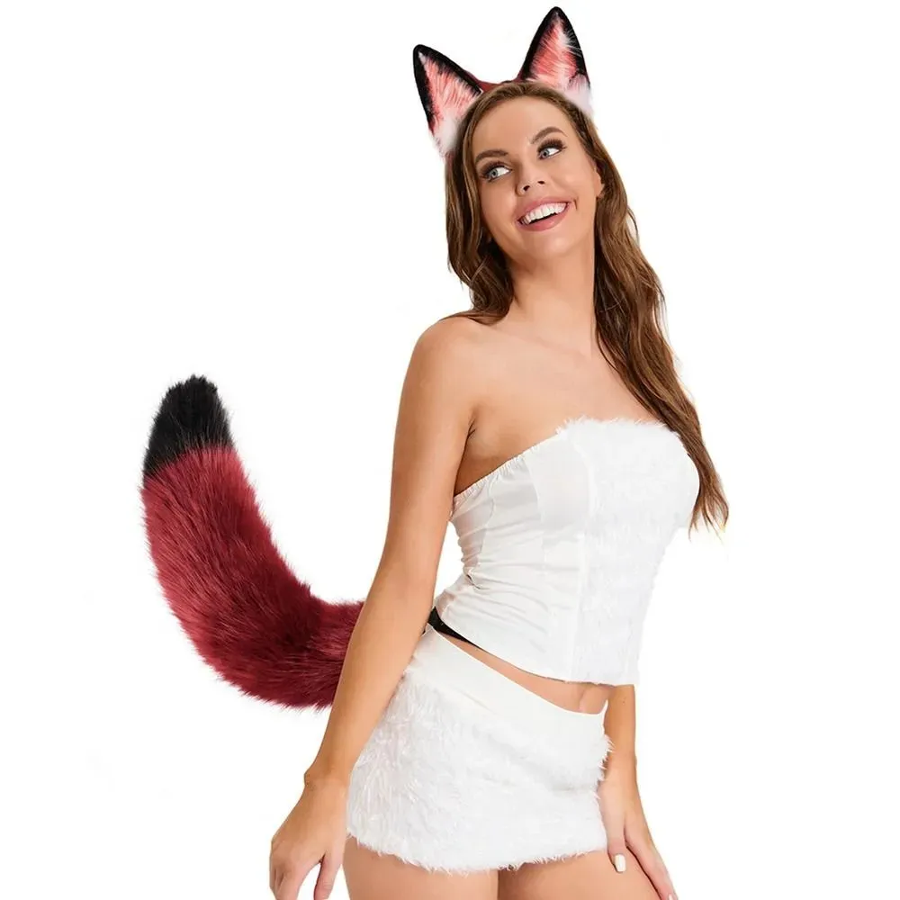 New Fluffy Animal Ears Headband Furry Ears Hair Hoop Necklace Tail Set Leather Choker for Halloween Masquerade Party Fancy Dress