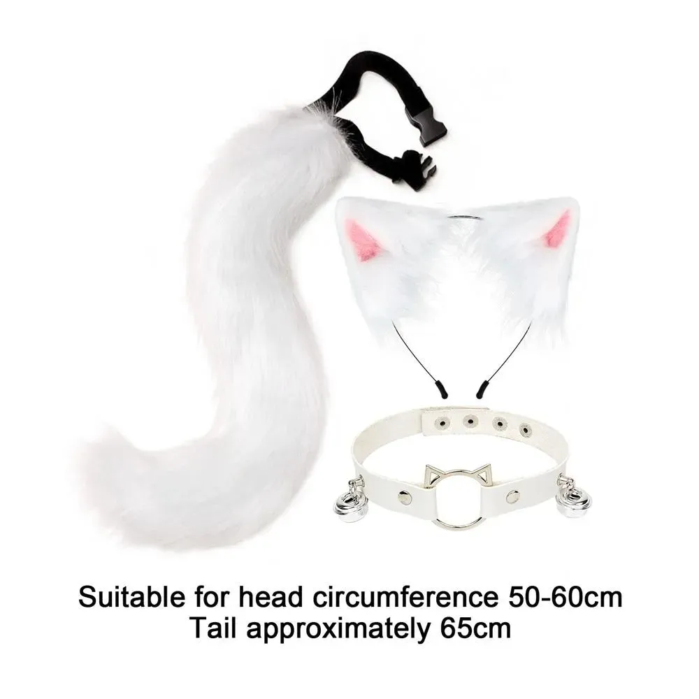 New Fluffy Animal Ears Headband Furry Ears Hair Hoop Necklace Tail Set Leather Choker for Halloween Masquerade Party Fancy Dress