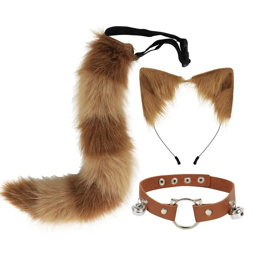 New Fluffy Animal Ears Headband Furry Ears Hair Hoop Necklace Tail Set Leather Choker for Halloween Masquerade Party Fancy Dress