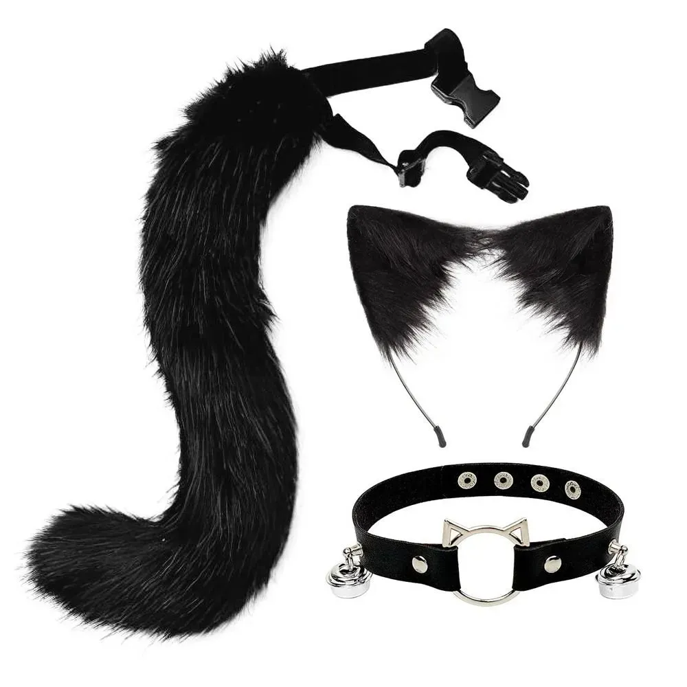 New Fluffy Animal Ears Headband Furry Ears Hair Hoop Necklace Tail Set Leather Choker for Halloween Masquerade Party Fancy Dress