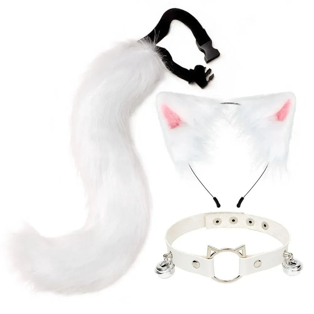 New Fluffy Animal Ears Headband Furry Ears Hair Hoop Necklace Tail Set Leather Choker for Halloween Masquerade Party Fancy Dress