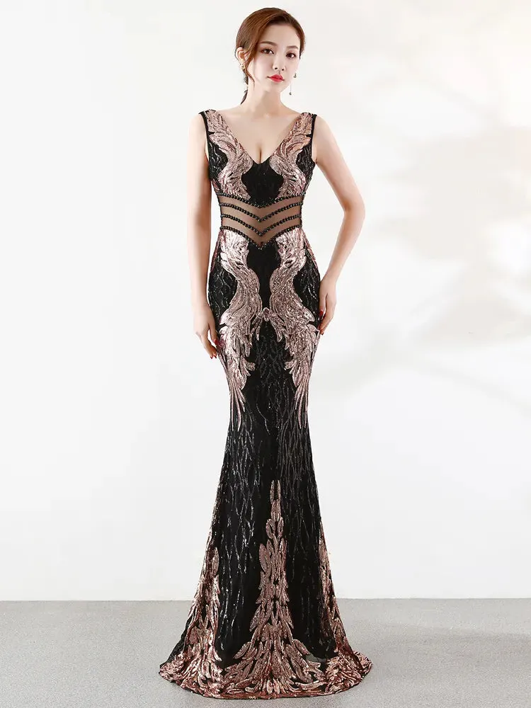 New Sequins Evening Dress Women See-through Beads Long Party Dress