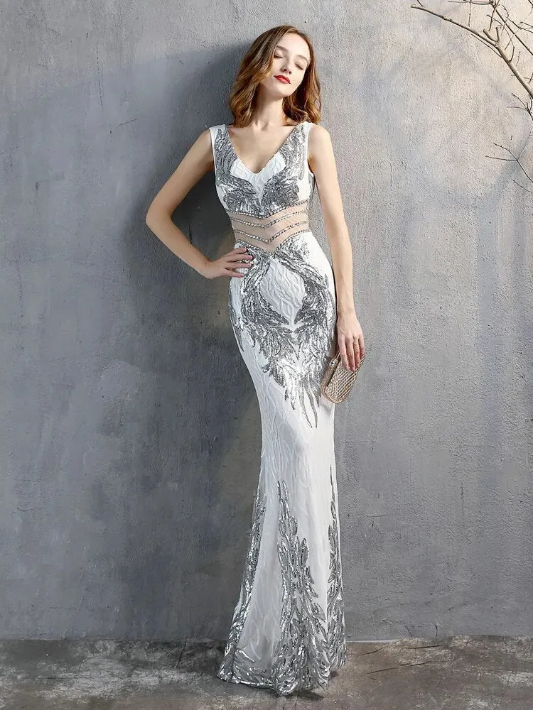 New Sequins Evening Dress Women See-through Beads Long Party Dress