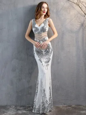 New Sequins Evening Dress Women See-through Beads Long Party Dress