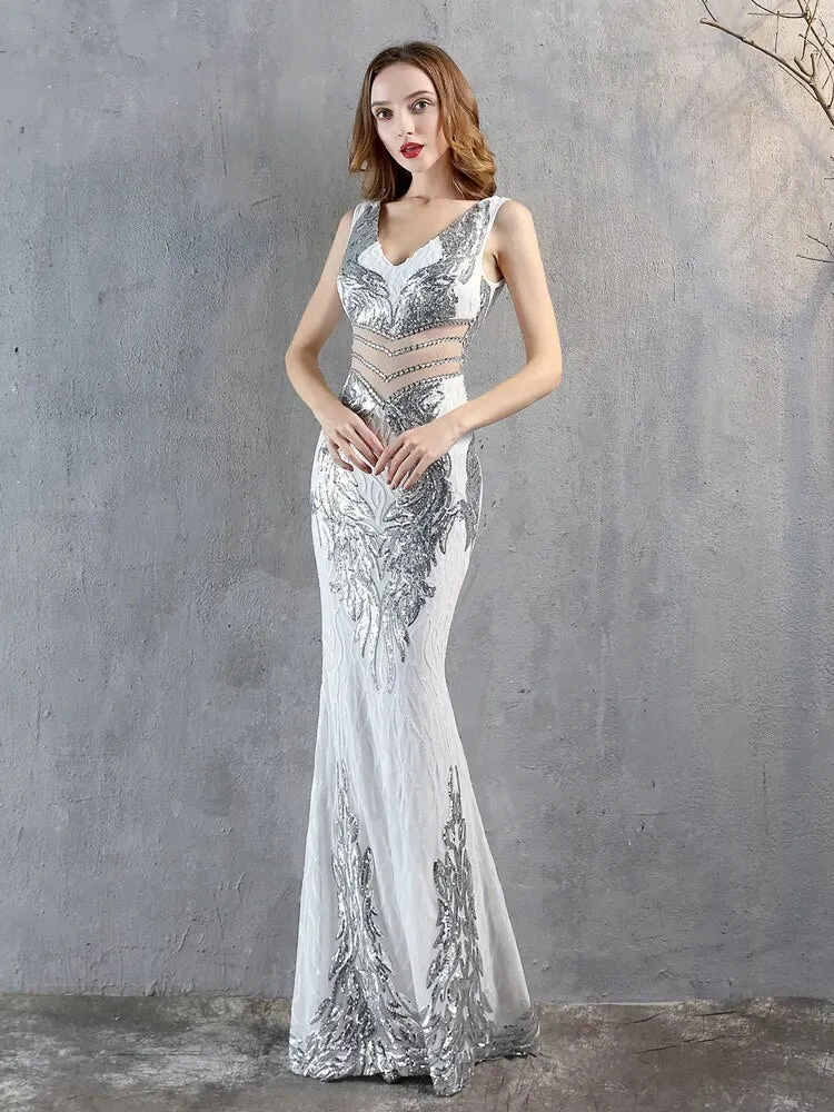 New Sequins Evening Dress Women See-through Beads Long Party Dress