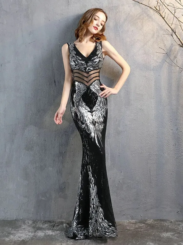 New Sequins Evening Dress Women See-through Beads Long Party Dress