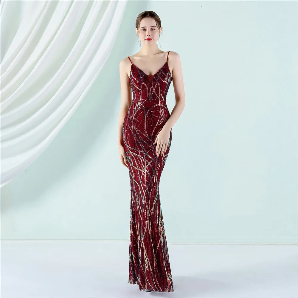 New Women Elegant Spaghetti Strap Burgundy Formal Evening Dress Sexy Mermaid Sequin Party Prom Dress