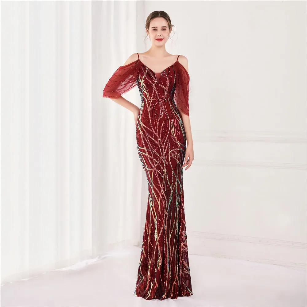 New Women Elegant Spaghetti Strap Tulle Beading Formal Evening Dress Sexy Mermaid Sequin Party Dress